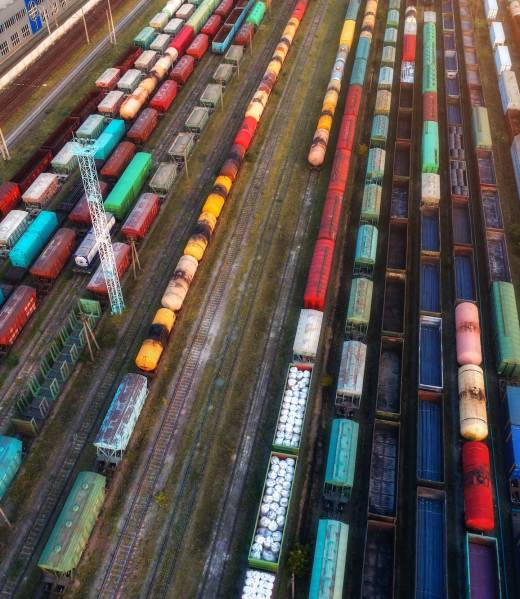 Aerial view of colorful freight trains